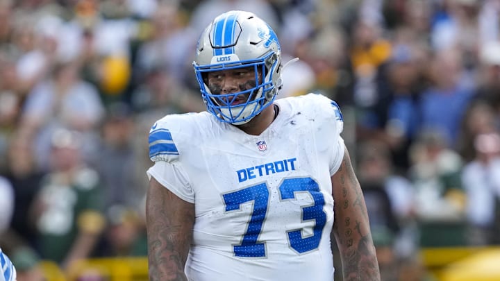 Sep 7, 2025; Green Bay, Wisconsin, USA;  Detroit Lions guard Christian Mahogany (73) during the game against the Green Bay Packers at Lambeau Field. Mandatory Credit: Jeff Hanisch-Imagn Images