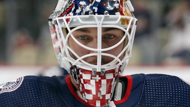 Mar 28, 2024; Pittsburgh, Pennsylvania, USA;  Columbus Blue Jackets goaltender Elvis Merzlikins (90) warms up before the game against the Pittsburgh Penguins at PPG Paints Arena. Mandatory Credit: Charles LeClaire-USA TODAY Sports