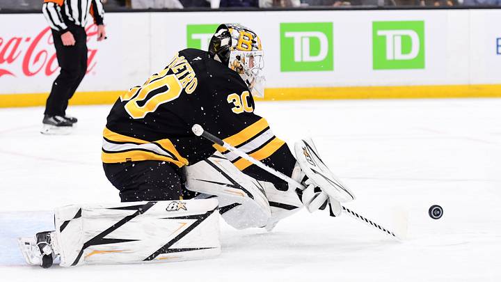 Oct 22, 2026; Boston, Massachusetts, USA;  Boston Bruins goaltender Michael DiPietro (30) makes a save during the second period against the Nashville Predators at TD Garden. Mandatory Credit: Bob DeChiara-Imagn Images