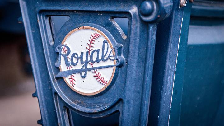 Apr 16, 2023; Kansas City, Missouri, USA; Logo on stadium seats prior to the game between the Kansas City Royals and the Atlanta Braves at Kauffman Stadium. Mandatory Credit: William Purnell-Imagn Images