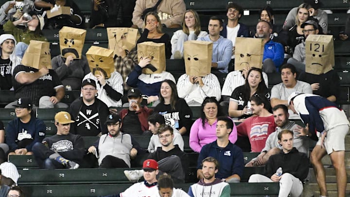 Sep 25, 2024; Chicago, Illinois, USA;  Chicago White Sox fans look on during the eighth inning against the Los Angeles Angels at Guaranteed Rate Field.