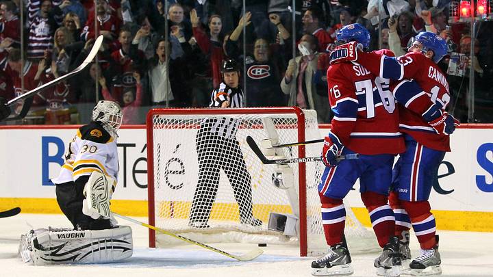April 21, 2011; Montreal, Quebec, CANADA; Montreal Canadiens Michael Cammalleri (13) celebrates his goal against Boston Bruins goalie Tim Thomas with teammate P.K.Subban (76) during the second period of the First Round of the 2011 Stanley Cup Playoffs's game four at the Bell Center. Mandatory Credit: Jean-Yves Ahern-USA TODAY Sports April 21, 2011; Montreal, Quebec, CANADA; Montreal Canadiens Michael Cammalleri (13) celebrates his goal against Boston Bruins goalie Tim Thomas with teammate P.K.Subban (76) during the second period of the First Round of the 2011 Stanley Cup Playoffs's game four at the Bell Center. Mandatory Credit: Jean-Yves Ahern-USA TODAY Sports