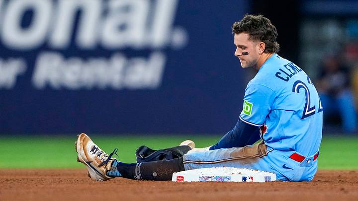 May 13, 2026: Toronto Blue Jays second baseman Ernie Clement (22) reacts after being tagged out at second base during the seventh inning against the Tampa Bay Rays at Rogers Centre. Credit: Kevin Sousa-Imagn Images