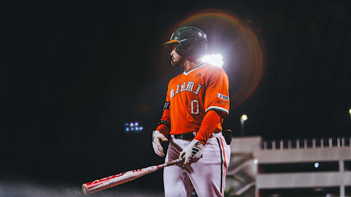 MIami Hurricanes Second Baseball Doran Gonzalez Jr preparing at bat.