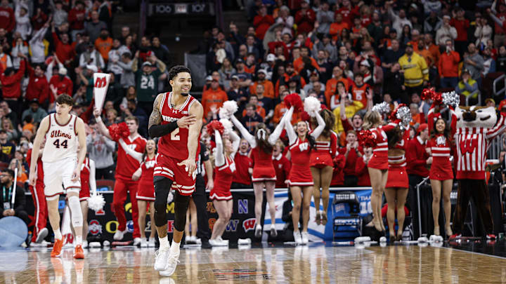 Mar 13, 2026; Chicago, IL, USA; Wisconsin Badgers guard Nick Boyd (2) reacts after scoring against the Illinois Fighting Illini during the second half at United Center. Mandatory Credit: Kamil Krzaczynski-Imagn Images