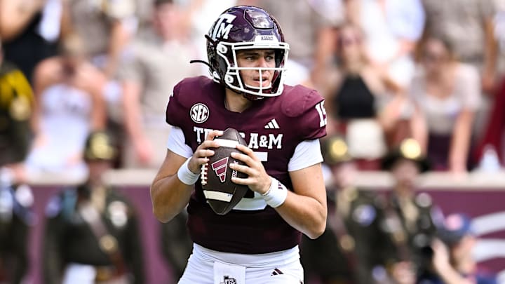Sep 23, 2023; College Station, Texas, USA; Texas A&M Aggies quarterback Conner Weigman (15) in