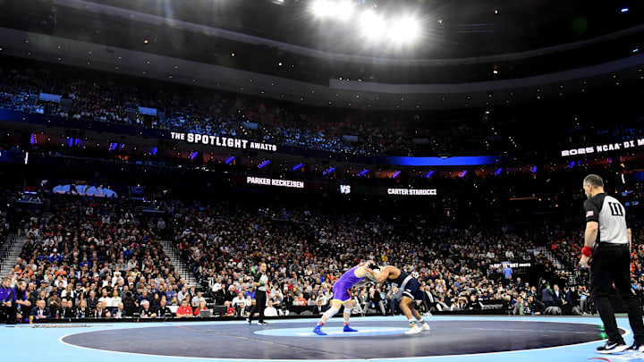 Penn State's Carter Starocci wrestlers Parker Keckeisen of the Northern Iowa Panthers at the 2025 NCAA Wrestling Championships in Philadelphia. 