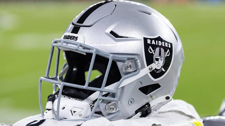 Aug 23, 2025; Glendale, Arizona, USA; Detailed view of a Las Vegas Raiders helmet during a preseason NFL game at State Farm Stadium. Mandatory Credit: Mark J. Rebilas-Imagn Images