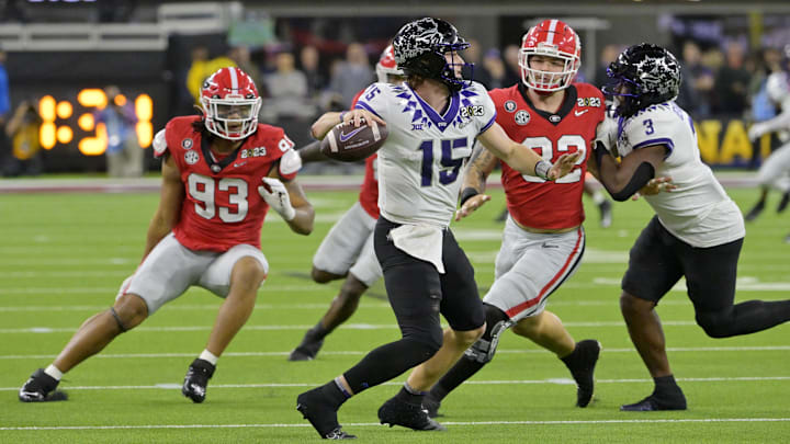 Jan 9, 2023; Inglewood, CA, USA; TCU Horned Frogs quarterback Max Duggan (15) throws a pass against the Georgia Bulldogs during the second half in the CFP national championship game at SoFi Stadium