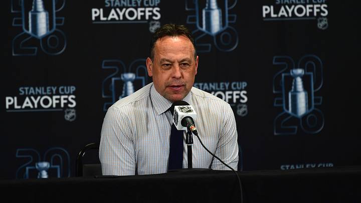 Apr 26, 2026; Boston, Massachusetts, USA; Boston Bruins head coach Marco Sturm talks to the media after losing to the Buffalo Sabres in game four of the first round of the 2026 Stanley Cup Playoffs at TD Garden. Mandatory Credit: Bob DeChiara-Imagn Images