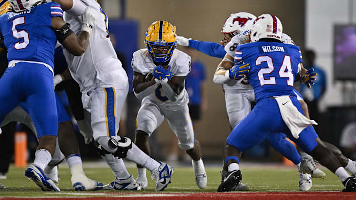 Nov 2, 2024; Dallas, Texas, USA; Pittsburgh Panthers running back Desmond Reid (0) in action during the game between the Southern Methodist Mustangs and the Pittsburgh Panthers at Gerald J. Ford Stadium. Mandatory Credit: Jerome Miron-Imagn Images
