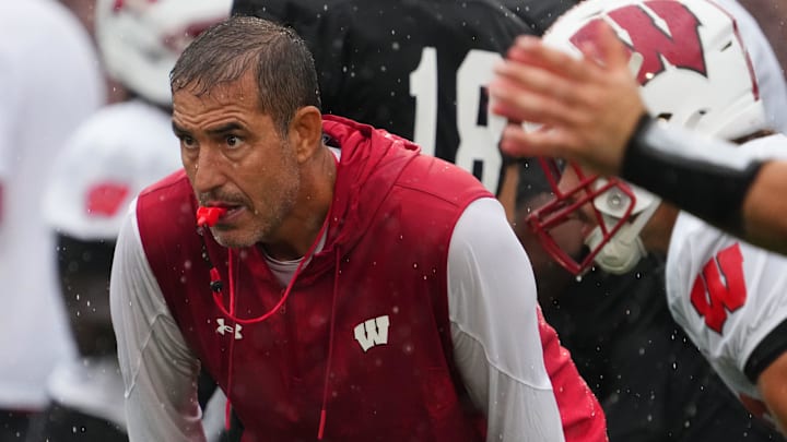 Wisconsin football head coach Luke Fickell observes practice Wednesday, July 30, 2025, at Ralph E. Davis Pioneer Stadium in Platteville, Wisconsin.