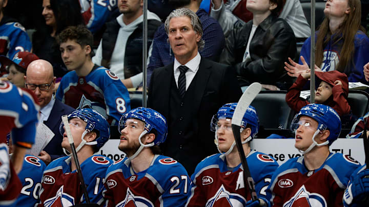 Mar 27, 2025; Denver, Colorado, USA; Colorado Avalanche head coach Jared Bednar in the first period against the Los Angeles Kings at Ball Arena. Mandatory Credit: Isaiah J. Downing-Imagn Images
