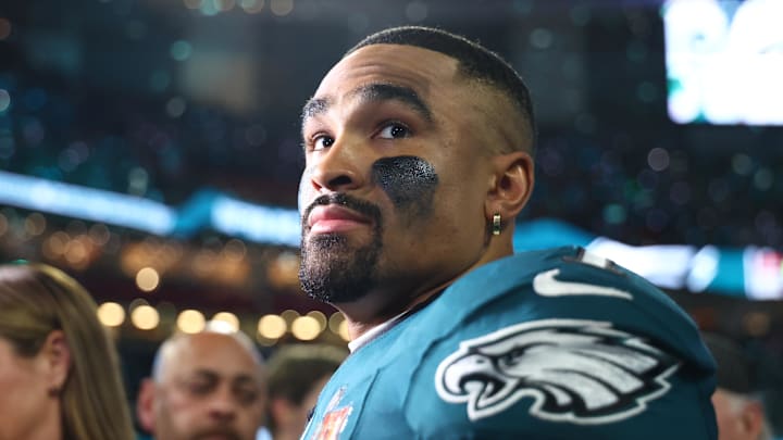 Feb 9, 2025; New Orleans, LA, USA; Philadelphia Eagles quarterback Jalen Hurts (1) reacts on the field after defeating the Kansas City Chiefs in Super Bowl LIX at Ceasars Superdome. Feb 9, 2025; New Orleans, LA, USA; Philadelphia Eagles quarterback Jalen Hurts (1) reacts on the field after defeating the Kansas City Chiefs in Super Bowl LIX at Ceasars Superdome.