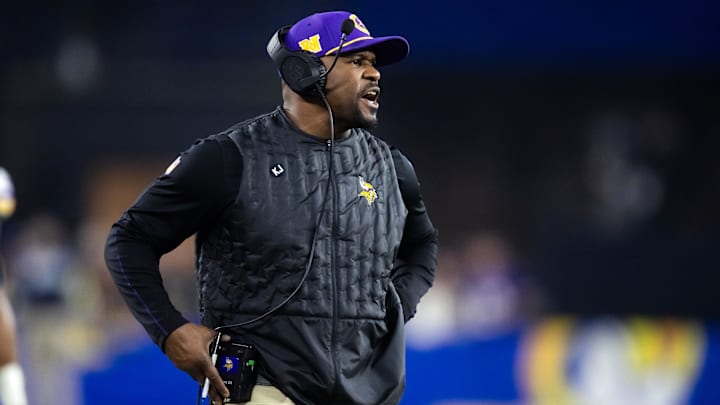 Jan 13, 2025; Glendale, AZ, USA; Minnesota Vikings defensive coordinator Brian Flores against the Los Angeles Rams during an NFC wild card game at State Farm Stadium. Mandatory Credit: Mark J. Rebilas-Imagn Images