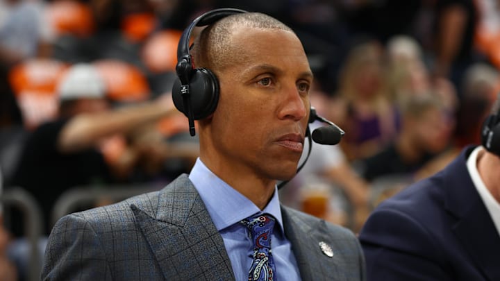 Apr 19, 2022; Phoenix, Arizona, USA; NBA on TNT television analyst Reggie Miller during the New Orleans Pelicans against the Phoenix Suns in game two of the first round for the 2022 NBA playoffs at Footprint Center. Mandatory Credit: Mark J. Rebilas-Imagn Images