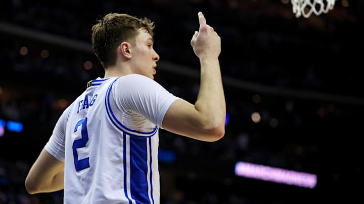 Mar 29, 2025; Newark, NJ, USA; Duke Blue Devils forward Cooper Flagg (2) reacts after a play during the second half against the Alabama Crimson Tide in the East Regional final of the 2025 NCAA tournament at Prudential Center. Mandatory Credit: Vincent Carchietta-Imagn Images