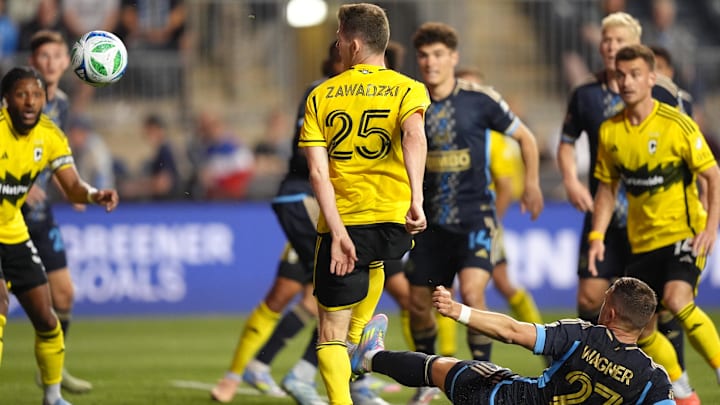 May 10, 2025; Chester, Pennsylvania, USA; Columbus Crew midfielder Sean Zawadzki (25) scores a goal against the Philadelphia Union in the second half at Subaru Park. Mandatory Credit: Kyle Ross-Imagn Images