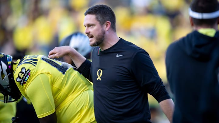 Oregon Ducks head coach Dan Lanning walks the field during warmups as the Ducks host the Spartans Friday, Oct. 4, 2024 at Autzen Stadium in Eugene, Ore. Oregon Ducks head coach Dan Lanning walks the field during warmups as the Ducks host the Spartans Friday, Oct. 4, 2024 at Autzen Stadium in Eugene, Ore.