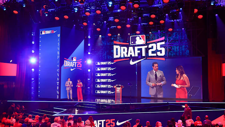 Jul 13, 2025; Atlanta, GA, USA; Journalists Robert Flores and Greer Howard host the MLB Draft at The Coca-Cola Roxy. Mandatory Credit: Brett Davis-Imagn Images