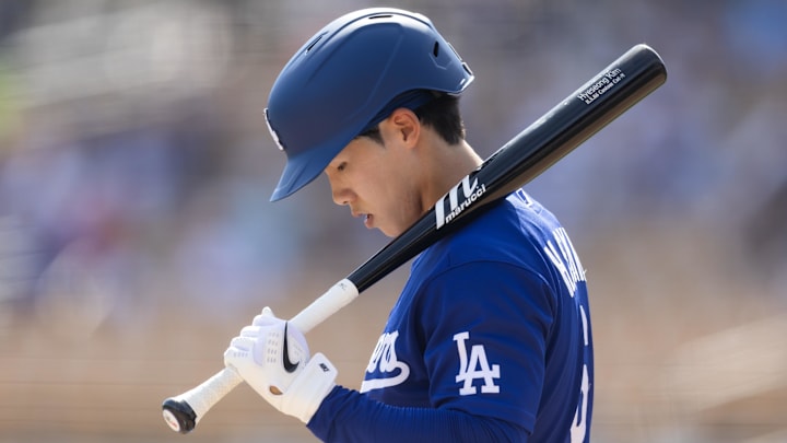 Feb 26, 2026; Phoenix, Arizona, USA; Los Angeles Dodgers second baseman Hyeseong Kim against the Chicago White Sox during a spring training game at Camelback Ranch-Glendale. Mandatory Credit: Mark J. Rebilas-Imagn Images