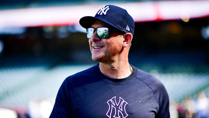 May 27, 2025; Anaheim, California, USA; New York Yankees manager Aaron Boone (17) before the game against the Los Angeles Angels at Angel Stadium. Mandatory Credit: Gary A. Vasquez-Imagn Images