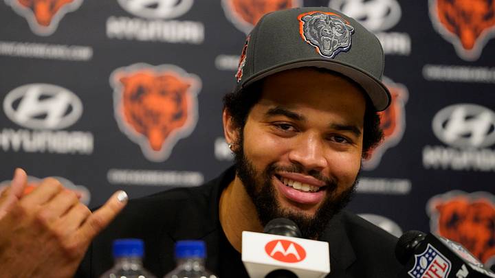 Apr 26, 2024; Lake Forest, IL, USA; Chicago Bears number one draft choice Caleb Williams  at a press conference at Halas Hall. Mandatory Credit: David Banks-USA TODAY Sports