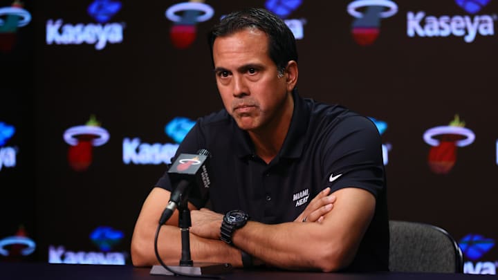 Sep 30, 2024; Miami, FL, USA; Miami Heat head coach Erik Spoelstra talks to reporters during media day at Kaseya Center Mandatory Credit: Sam Navarro-Imagn Images
