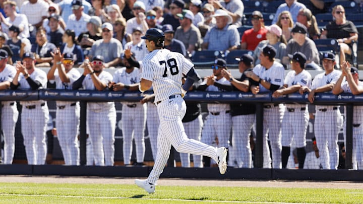 Spencer Jones hits a home run against the Detroit Tigers during the second inning at George M. Steinbrenner Field. Spencer Jones hits a home run against the Detroit Tigers during the second inning at George M. Steinbrenner Field.