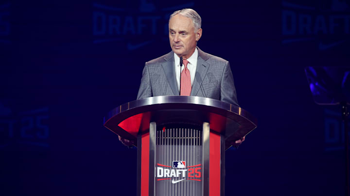 Jul 13, 2025; Atlanta, GA, USA; MLB Commissioner Rob Manfred opens the MLB Draft at The Coca-Cola Roxy. Mandatory Credit: Brett Davis-Imagn Images