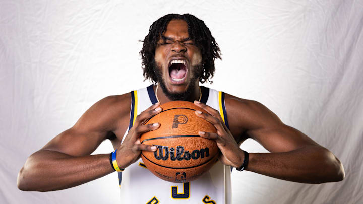 Sep 30, 2024; Indianapolis, IN, USA;  Indiana Pacers forward Jarace Walker (5) poses for a photo during 2024 Media day.  Mandatory Credit: Trevor Ruszkowski-Imagn Images