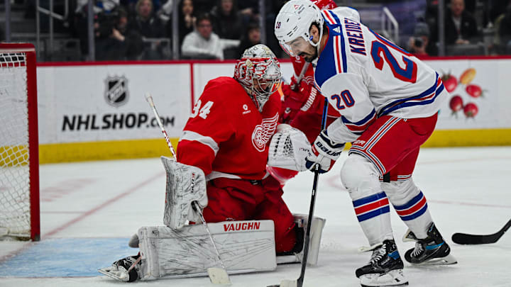 Apr 5, 2024; Detroit, Michigan, USA; New York Rangers left wing Chris Kreider (20) scores a goal as