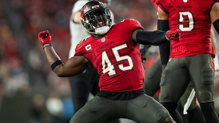 Dec 24, 2023; Tampa, Florida, USA; Tampa Bay Buccaneers linebacker Devin White (45) celebrates a sack against the Jacksonville Jaguars at Raymond James Stadium. Mandatory Credit: Jeremy Reper-USA TODAY Sports Dec 24, 2023; Tampa, Florida, USA; Tampa Bay Buccaneers linebacker Devin White (45) celebrates a sack against the Jacksonville Jaguars at Raymond James Stadium. Mandatory Credit: Jeremy Reper-USA TODAY Sports