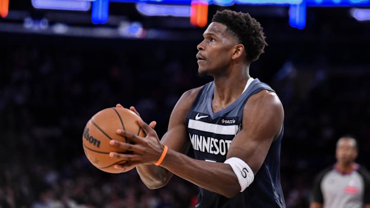 Oct 9, 2025; New York, New York, USA; Minnesota Timberwolves guard Anthony Edwards (5) shoots the ball against the New York Knicks during the first half at Madison Square Garden.