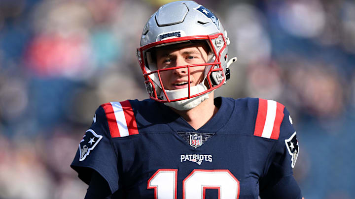 Jan 1, 2023; Foxborough, Massachusetts, USA; New England Patriots quarterback Mac Jones (10) sprints