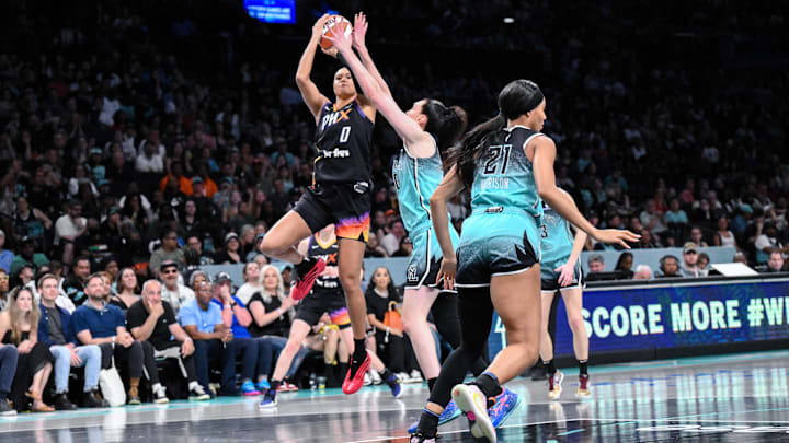 Phoenix Mercury forward Satou Sabally (0) and New York Liberty forward Breanna Stewart (30) are two of the leaders in fan voting for the WNBA All-Star team. Mandatory Credit: John Jones-Imagn Images