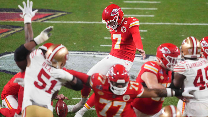 Chiefs place kicker Harrison Butker (7) set a Super Bowl record in 2024.