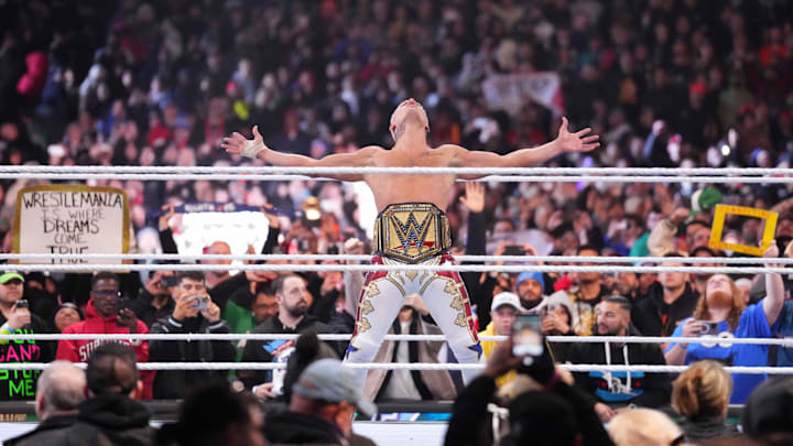 Apr 7, 2024; Philadelphia, PA, USA; 	WWE Universal Championship match between Roman Reigns and Cody Rhodes
 during Wrestlemania XL Sunday at Lincoln Financial Field. Mandatory Credit: Joe Camporeale-Imagn Images
