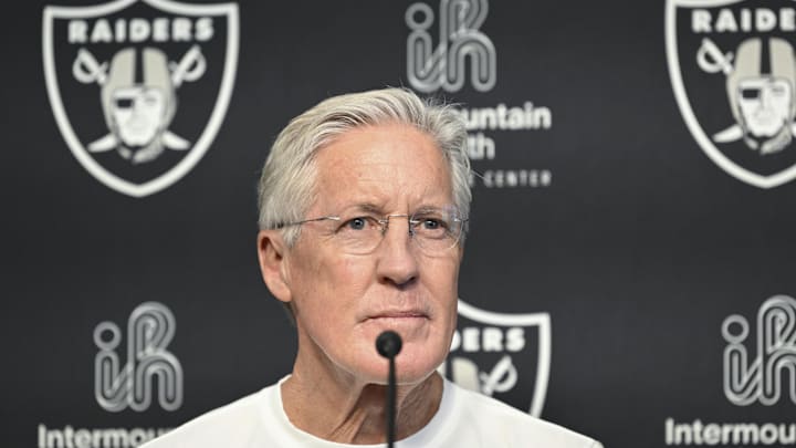 Apr 25, 2025; Henderson, NV, USA;  Las Vegas Raiders head coach Pete Carroll at a news conference introducing Ashton Jeanty as the first round draft pick in the 2025 NFL Draft at Intermountain Health Performance Center. Mandatory Credit: Candice Ward-Imagn Images