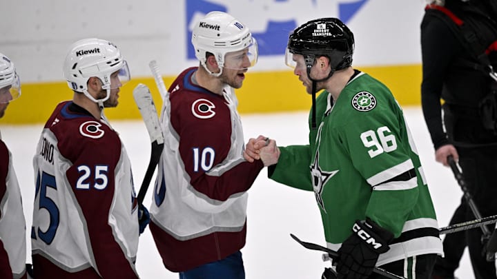 May 3, 2025; Dallas, Texas, USA; Colorado Avalanche center Charlie Coyle (10) shakes hands with Dallas Stars right wing Mikko Rantanen (96) after the Stars defeats the Avalanche in game seven of the first round of the 2025 Stanley Cup Playoffs at American Airlines Center. Mandatory Credit: Jerome Miron-Imagn Images