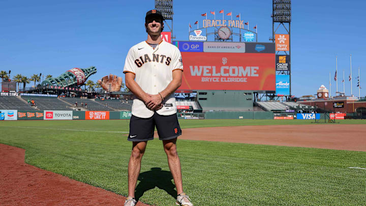 Jul 26, 2023; San Francisco, California, USA; San Francisco Giants 2023 first-round pick Bryce Eldridge before the game against the Oakland Athletics at Oracle Park. Jul 26, 2023; San Francisco, California, USA; San Francisco Giants 2023 first-round pick Bryce Eldridge before the game against the Oakland Athletics at Oracle Park.