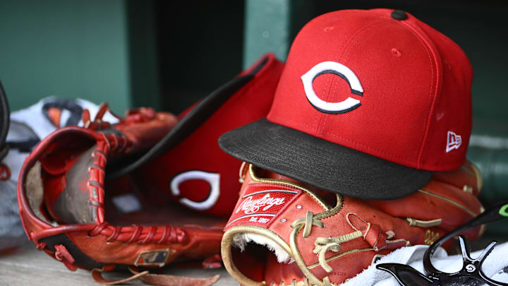 Jul 23, 2025; Washington, District of Columbia, USA; General view of Cincinnati Reds hat during the game against the Washington Nationals at Nationals Park. Mandatory Credit: Brad Mills-Imagn Images Jul 23, 2025; Washington, District of Columbia, USA; General view of Cincinnati Reds hat during the game against the Washington Nationals at Nationals Park. Mandatory Credit: Brad Mills-Imagn Images