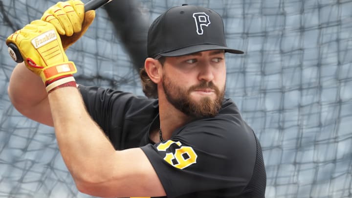 Apr 3, 2026; Pittsburgh, Pennsylvania, USA;  Pittsburgh Pirates third baseman Jared Triolo (19) in the batting cage before the game against  the Baltimore Orioles at PNC Park. Mandatory Credit: Charles LeClaire-Imagn Images