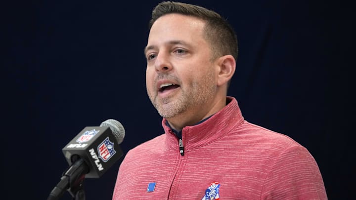 Feb 27, 2025; Indianapolis, IN, USA; New England Patriots general manager Eliot Wolf speaks during the 2025 NFL Scouting Combine at the Indiana Convention Center. Mandatory Credit: Kirby Lee-Imagn Images