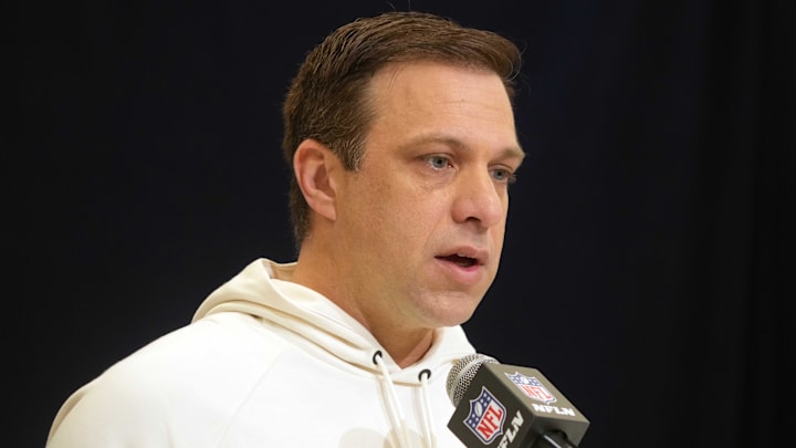 Feb 25, 2025; Indianapolis, IN, USA; Kansas City Chiefs general manager Brett Veach speaks during the NFL Scouting Combine at the Indiana Convention Center. Mandatory Credit: Kirby Lee-Imagn Images