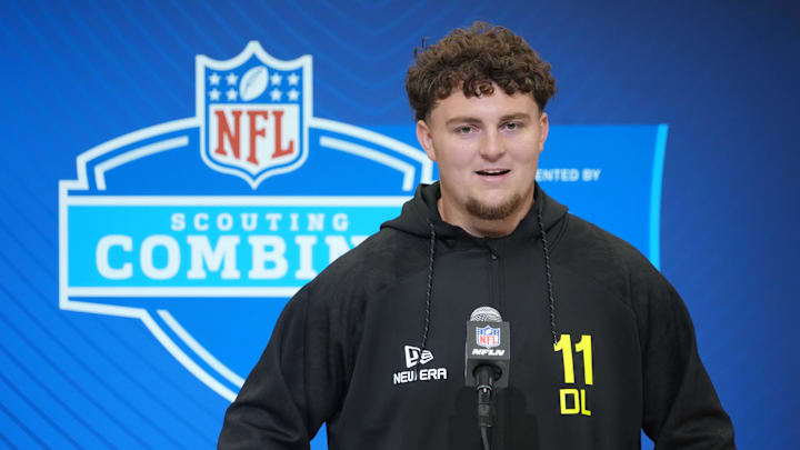 Feb 26, 2025; Indianapolis, IN, USA; Michigan defensive lineman Mason Graham (DL11) during the 2025 NFL Scouting Combine at the Indiana Convention Center. Mandatory Credit: Kirby Lee-Imagn Images