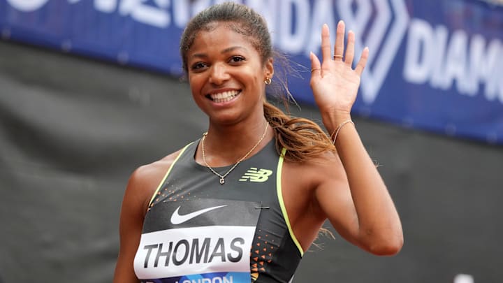 Jul 20, 2024; London, United Kingdom; Gabrielle Thomas aka Gabby Thomas (USA) poses after winning the women's 200m in a meet record 21.82 during the London Athletics Meet at London Stadium. Jul 20, 2024; London, United Kingdom; Gabrielle Thomas aka Gabby Thomas (USA) poses after winning the women's 200m in a meet record 21.82 during the London Athletics Meet at London Stadium.