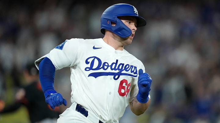 Jun 19, 2026; Los Angeles, California, USA; Los Angeles Dodgers catcher Dalton Rushing (68) runs the bases after hitting  walk-off single againat the Baltimore Orioles at Dodger Stadium. Mandatory Credit: Kirby Lee-Imagn Images