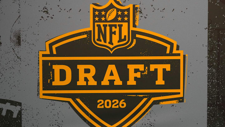 Feb 6, 2026; San Francisco, CA, USA; The 2026 NFL Draft logo at the Super Bowl LX Experience at the Moscone Center. Mandatory Credit: Kirby Lee-Imagn Images