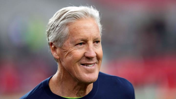 Jan 7, 2024; Glendale, Arizona, USA; Seattle Seahawks head coach Pete Carroll looks on prior to facing the against the Arizona Cardinals at State Farm Stadium. Mandatory Credit: Joe Camporeale-Imagn Images